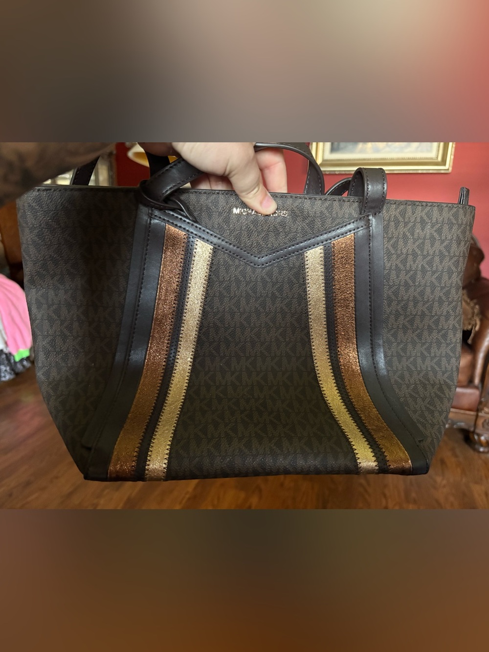 Michael Kors Brown Tote Bag Metallic Stripe Accent Large Shoulder Bag